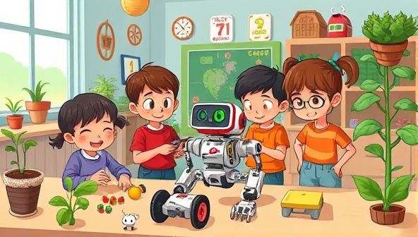 A whimsical digital illustration showcasing a group of enthusiastic children building and programming agricultural robots in a colorful classroom setting, surrounded by farm-themed props, plants, and miniature robots, sparking imagination and curiosity in futuristic farming technologies.