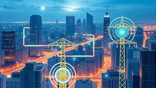 An illustration of a futuristic city skyline with interconnected smart grid systems and energy flow visualizations, showcasing the integration of advanced technology in energy management for a sustainable and efficient urban environment.