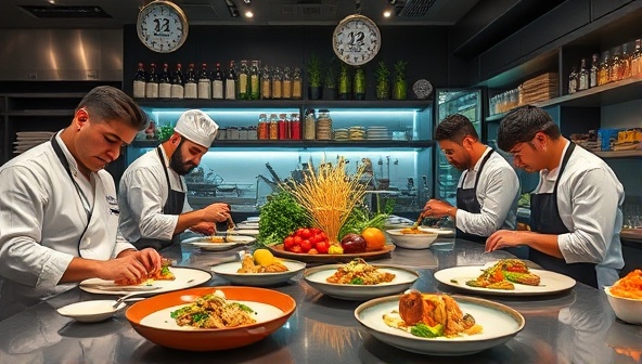 A modern culinary laboratory setting with chefs in action, experimental ingredients displayed, unique dishes being plated, and customers experiencing a gastronomic journey of fusion flavors and culinary innovation, capturing the essence of experimentation and creativity in food exploration.