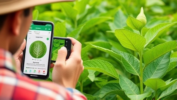 An engaging digital graphic showcasing a farmer using the AgriAid app on a smartphone to scan and analyze plant leaves for disease symptoms, with real-time AI suggestions displayed on the screen, highlighting the app's user-friendly interface and practical utility.