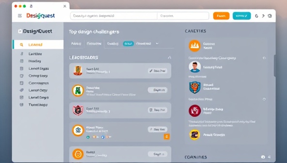 An online platform interface featuring a leaderboard of top design challengers, a collection of completed quests and badges, and a virtual community hub where participants can interact, share feedback, and celebrate their creative achievements, capturing the gamified and collaborative spirit of DesignQuest Challenges.