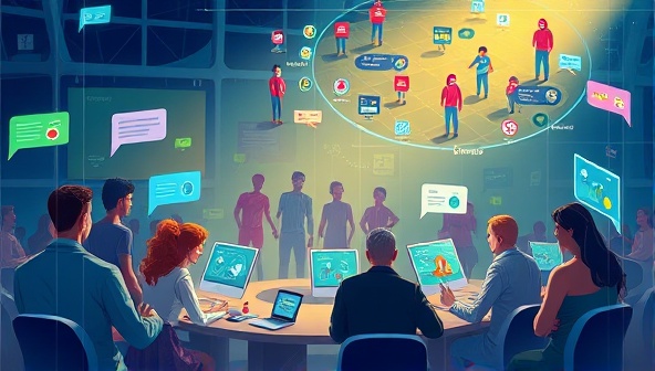 An artistic depiction of a digital community hub where users interact, share betting tips, and engage in friendly wagering, creating a vibrant and supportive social betting network that fosters community engagement and responsible gambling practices.