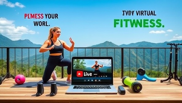 A virtual fitness class setup featuring a fitness instructor leading a workout session in a scenic outdoor location, surrounded by digital workout equipment, motivational fitness quotes, and a laptop streaming a live virtual fitness challenge, inspiring users to stay active and explore the world through fitness.