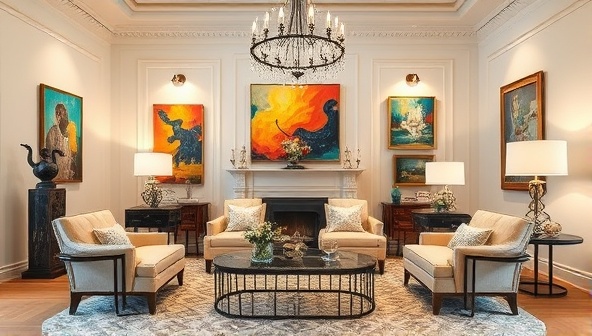 An elegant room setting adorned with a rotating art collection, featuring vibrant paintings and sculptures strategically placed to enhance the space, illustrating the concept of art rental and curated interior design through ArtEasel Rental.