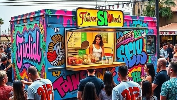 A vibrant food truck adorned with colorful graffiti art, serving a fusion dish that combines elements from different cuisines, surrounded by a lively crowd enjoying the unique culinary experience, capturing the essence of FlavorWheels' fusion concept.