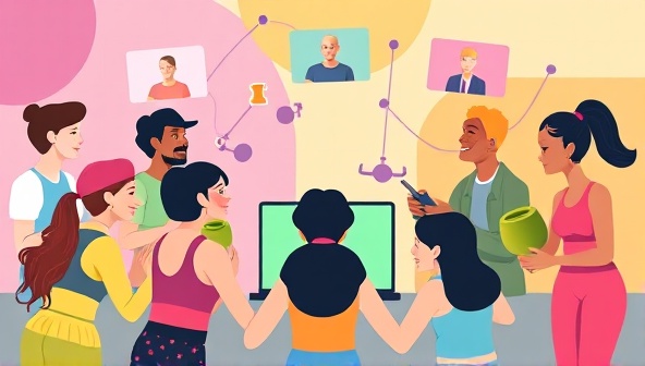 A vibrant digital artwork illustrating a diverse group of fitness enthusiasts connecting virtually on the FitBuddy Network, engaging in workout challenges together, sharing progress updates, and providing mutual support, creating a sense of community and camaraderie.