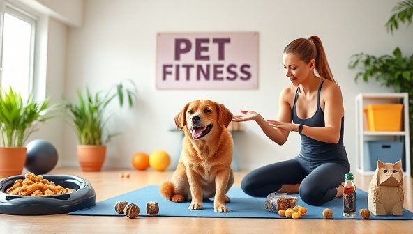 An energetic visual of a virtual pet fitness coaching session with a pet owner and their furry companion participating in a workout routine led by a fitness coach, surrounded by exercise equipment, healthy treats, and a vibrant atmosphere, conveying a sense of vitality and fun.