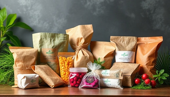 An assortment of biodegradable packaging products made from agro-waste materials, elegantly displayed with vibrant colors and natural textures, symbolizing the eco-friendly and innovative approach of EcoWrap Innovations towards sustainable packaging solutions.