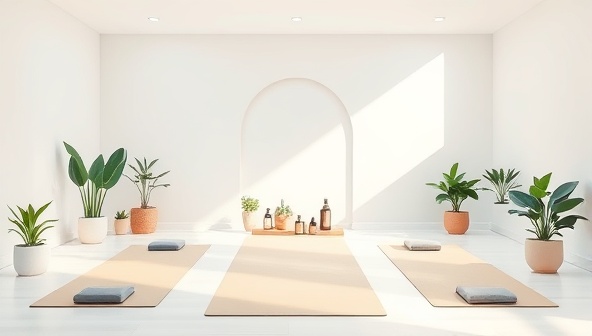 An aesthetic digital illustration of a serene virtual retreat space with calming colors, yoga mats, plants, and essential oils, creating a tranquil and inviting atmosphere for relaxation and mindfulness.