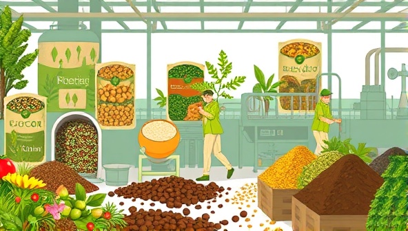 An artistic representation of a production facility where agricultural waste is transformed into bio-fertilizers and compost, with workers in eco-friendly uniforms operating machinery, symbolizing the innovative and environmentally conscious approach of ReHarvest Innovations.