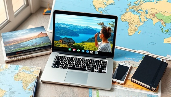 A virtual consultation setup featuring a laptop displaying a scenic remote work location, with a travel consultant engaging in a video call with a client, surrounded by travel guides, maps, and digital work tools, illustrating the integration of work and travel lifestyle.