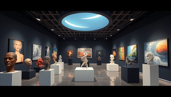An immersive virtual art gallery space showcasing a variety of digital artworks, sculptures, and installations, with interactive features for users to navigate, explore, and purchase art pieces, creating a cutting-edge platform for art appreciation and acquisition.