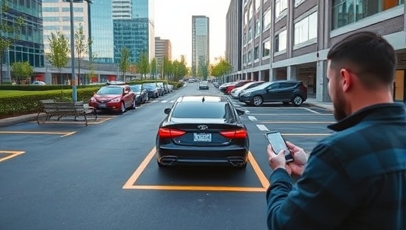 An urban parking lot scene with cars smoothly navigating to available spots guided by smart parking sensors, while a driver effortlessly pays for parking through a mobile app, illustrating the convenience and efficiency provided by ParkWise Assist.