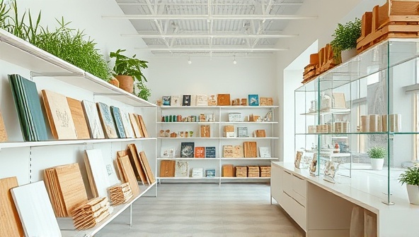 A bright and modern store interior featuring shelves stocked with various eco-friendly construction materials such as bamboo flooring, recycled glass countertops, and non-toxic paint, conveying a sense of sustainability and innovation.