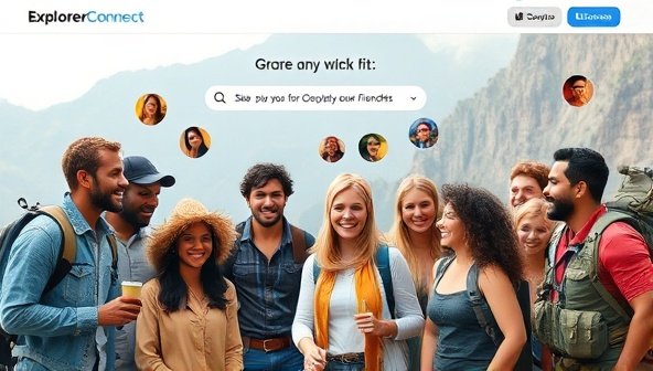 A dynamic image of diverse adventurers connecting on the Explorer Connect platform, sharing travel tips, planning group trips, and forming new friendships, illustrating the spirit of community and collaboration in adventure travel exploration.