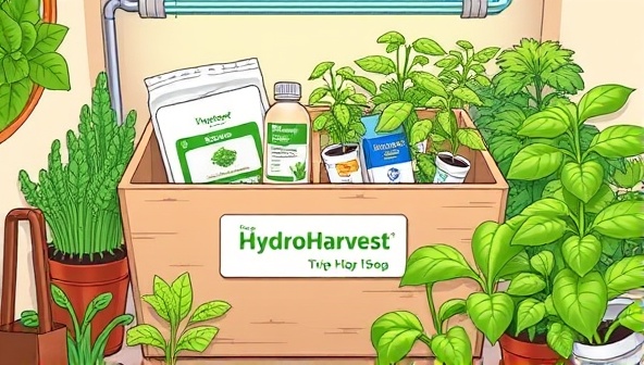 An illustrated representation of a HydroHarvest Box filled with hydroponic supplies, seeds, and vibrant green plants growing in a compact, indoor setting, showcasing the simplicity and sustainability of home hydroponic farming.