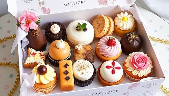 An exquisite dessert spread featuring an assortment of artisanal sweets and pastries in a beautifully styled dessert box, adorned with fresh flowers and decorative accents, creating a visually enticing and mouthwatering display of gourmet indulgence.