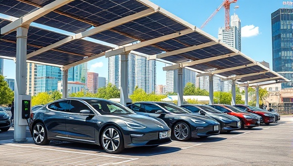 An urban landscape with a row of sleek electric vehicles parked at charging stations under a canopy of solar panels, illustrating a sustainable and tech-savvy approach to electric vehicle charging.