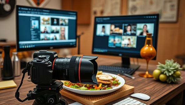 A captivating workshop setup with a camera, various food props, editing software interfaces on a computer screen, and a beautifully styled food composition ready for shooting, inspiring participants to capture mouth-watering culinary images with professional guidance.