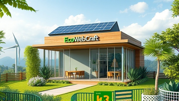An artistic representation of a website design studio powered by renewable energy sources, with a focus on sustainable materials and green technologies, surrounded by lush greenery and nature elements, symbolizing the eco-conscious approach of EcoWebCraft.