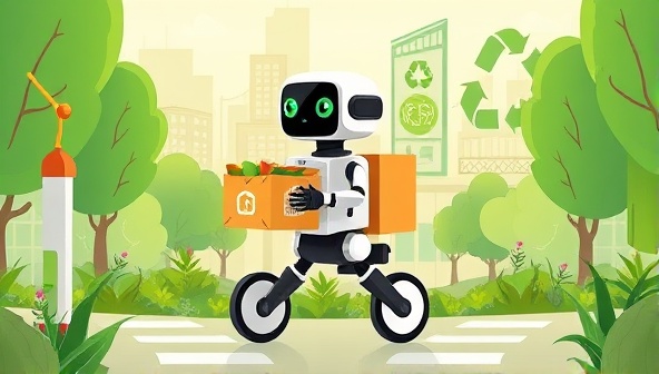 An illustration of a delivery robot transporting a biodegradable food package through a lush urban landscape, with green energy symbols and recycling icons in the background, showcasing the eco-friendly approach and innovative technology behind EcoEats' sustainable food delivery service.