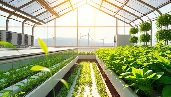 An artistic representation of an indoor aquaponics farm bathed in natural light, showcasing lush green plants growing alongside fish tanks, solar panels on the roof, and wind turbines in the background, creating a harmonious and sustainable farming environment that glows with eco-friendly innovation.