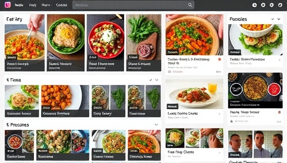 An interactive culinary feed displaying colorful recipe photos, cooking videos, and community discussions, with user profiles and chef recommendations, creating a vibrant and engaging online cooking space.