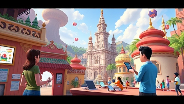 An imaginative depiction of a virtual language learning adventure in a vibrant virtual world, where users interact with animated characters, solve language puzzles, and explore cultural landmarks, showcasing the immersive and educational nature of LingoQuest VR.