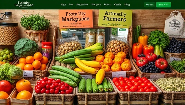 A vibrant online marketplace interface showcasing a variety of fresh produce, artisanal products, and handcrafted goods, with colorful banners highlighting local farmers and producers, creating a virtual hub for community-supported agriculture and sustainable shopping.