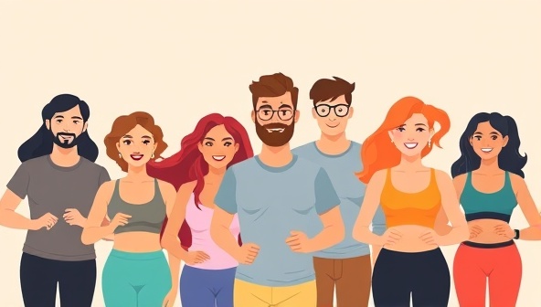 An illustration of a diverse group of virtual avatars participating in a fitness challenge, showcasing teamwork, motivation, and progress tracking within a digital community setting, highlighting the inclusive and engaging aspect of FitTribe Challenges.
