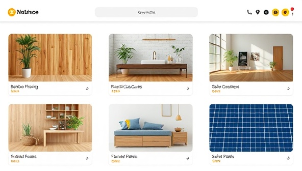 A vibrant digital marketplace interface showcasing various sustainable construction materials like bamboo flooring, recycled glass countertops, and solar panels, with a tagline 
