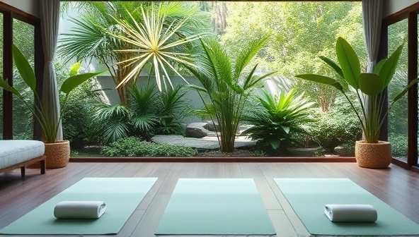 An online wellness retreat setting featuring a serene virtual environment with calming nature sounds, lush greenery, and yoga mats laid out for a mindfulness session, creating a tranquil and rejuvenating atmosphere for relaxation and self-care.