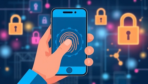 A digital illustration of a smartphone scanning a user's fingerprint for identity verification, with biometric symbols, security locks, and data encryption visuals in the background, symbolizing trust and security in digital identity authentication processes.