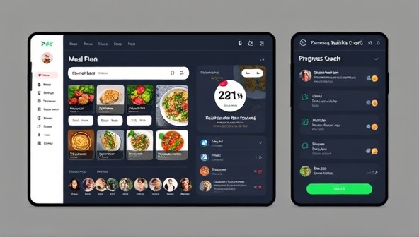 A sleek and modern online platform interface showing a client's personalized meal plan, progress tracker, and chat feature with a nutrition coach, highlighting convenience and interactive support.