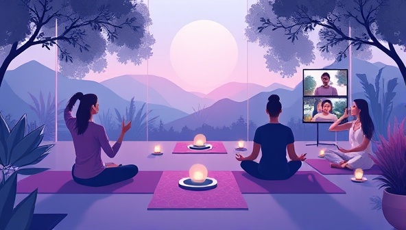 An evocative digital illustration depicting a serene virtual retreat setting with participants engaging in yoga poses, meditation, and virtual interactions, surrounded by calming nature elements and soothing colors, conveying a sense of peace and renewal.