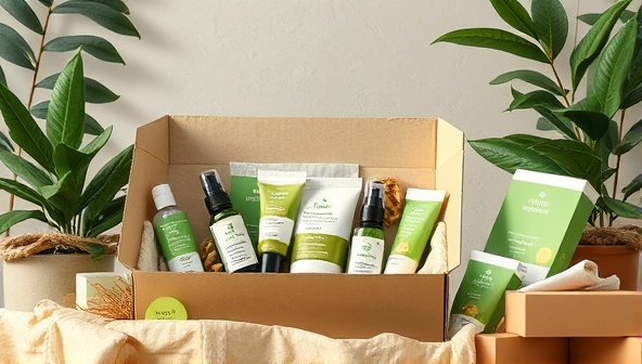An artistic representation of a virtual beauty subscription unboxing experience with subscribers unveiling eco-friendly beauty products from their monthly box, surrounded by green beauty packaging and natural elements, evoking a sense of sustainability and beauty in harmony.