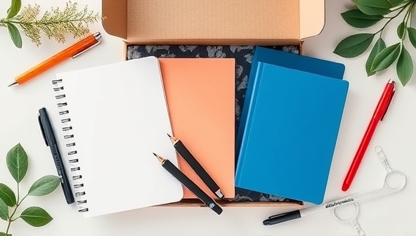 An artistic and stylish subscription box filled with design assets like pens, notebooks, and digital design tools, arranged in a visually appealing flat lay composition, evoking creativity and inspiration.