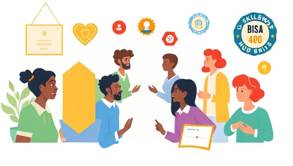An engaging digital illustration of diverse individuals exchanging skills and knowledge in an online setting, with virtual badges and certificates symbolizing learning achievements and collaboration within the SkillSwap Hub community.