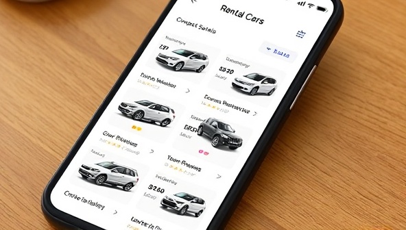 An interactive mobile app interface displaying a wide selection of rental cars, from compact sedans to luxury SUVs, with real-time availability updates, user reviews, and secure payment options, highlighting convenience and choice for travelers.