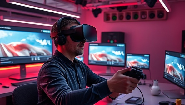 A futuristic workspace featuring a designer wearing a VR headset, immersed in designing a virtual environment for a client's website, surrounded by 3D models, screens displaying VR mockups, and a VR controller, capturing the essence of VR web design innovation.