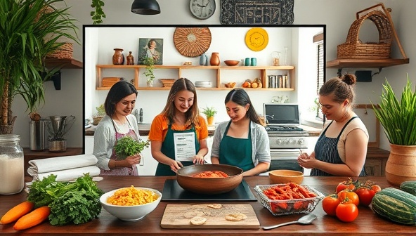 An online cooking class setting with a diverse group of participants engaging in a virtual cooking session, surrounded by fresh ingredients, recipe cards, and culinary tools, reflecting the immersive and interactive culinary experiences offered by CulinaryWander Classes for food lovers and travel enthusiasts.