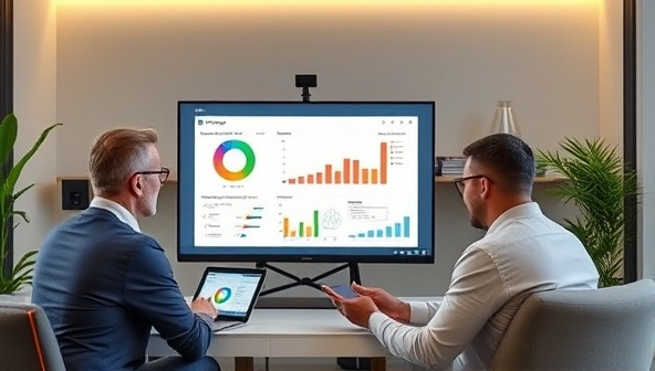 A virtual consultation setup showing a consultant conducting an online energy assessment with a client using digital tools and charts, symbolizing remote expertise and guidance in energy efficiency.