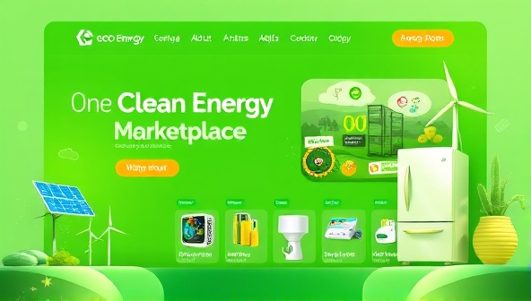 An eye-catching visual depiction of an online clean energy marketplace homepage with vibrant green hues, renewable energy icons, and product listings for solar subscriptions, wind energy credits, and energy-efficient appliances, creating a virtual hub for eco-friendly consumers and suppliers.
