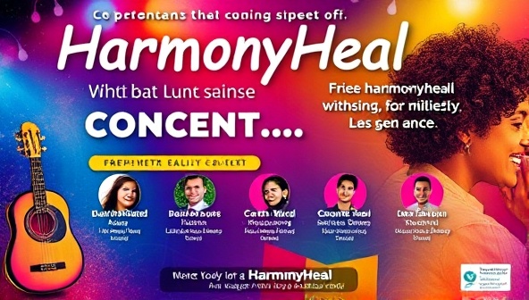 An artistic concert poster featuring vibrant colors and musical motifs, showcasing the lineup of performers for an upcoming HarmonyHeal virtual fundraising concert, conveying a sense of unity and support through music.