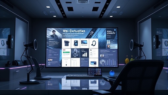 An imaginative depiction of a sleek voice-activated design studio with futuristic voice command devices controlling web design elements on a large screen, symbolizing the innovative and interactive nature of VoxDesign Solutions in web design.