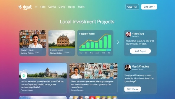 An engaging online platform interface showcasing various local investment projects with progress bars, funding goals, and community testimonials, conveying trust and transparency in the investment process.
