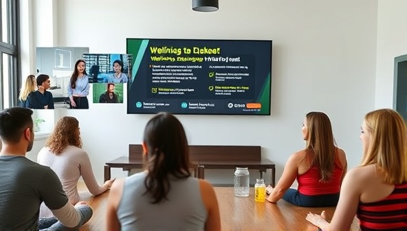 A virtual corporate wellness program session featuring a diverse group of employees participating in a virtual fitness class led by a wellness coach, with interactive team challenges, wellness tips displayed on screen, and a virtual water cooler for post-workout socializing, illustrating the engaging and community-building aspects of WorkWell Connect's online programs.