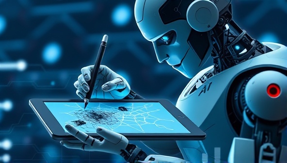 An artistic representation of a futuristic robot with a stylus in hand, sketching intricate web design patterns on a digital tablet, symbolizing the fusion of AI technology with creative design elements.