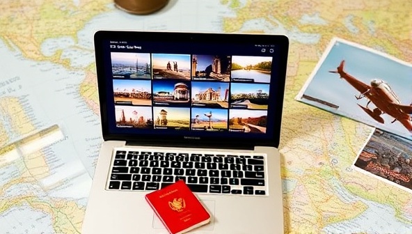 A laptop displaying a variety of travel destinations on the screen, surrounded by travel guides, maps, and a passport, evoking a sense of adventure and wanderlust.