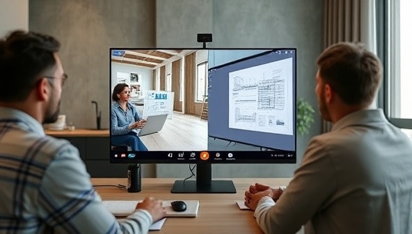 A virtual consultation setup of Project Prodigy Consult featuring a professional consultant discussing construction project plans with a client through a video call, showcasing the remote consultancy service's personalized approach and expert guidance for clients navigating building projects effectively from afar.